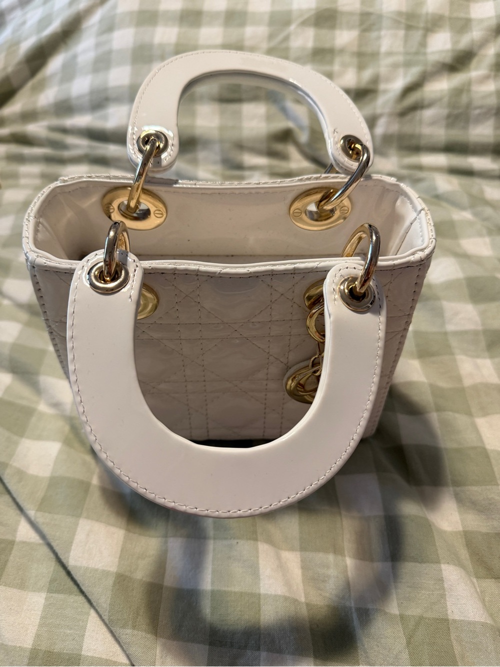 Designer inspired White Quilted Mini Tote Bag with Gold Hardware - Picture 6 of 11